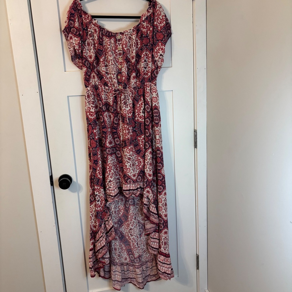 New Look Boho High-Low Maxi Dress Red Navy Blue Tile Print Button Front 2X NWT